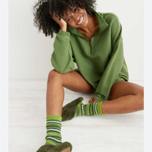 Aerie Good Vibes 1/4 Zip Corduroy Ribbed Pullover M Green - Picture 1 of 6